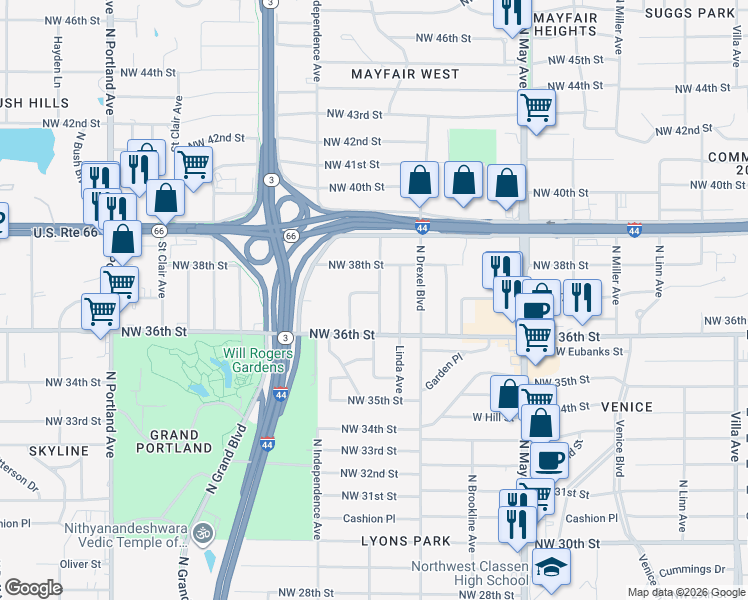 map of restaurants, bars, coffee shops, grocery stores, and more near 3201 Northwest 37th Street in Oklahoma City