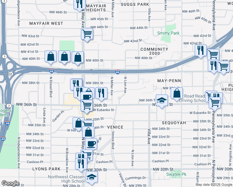map of restaurants, bars, coffee shops, grocery stores, and more near 2624 Northwest 37th Street in Oklahoma City