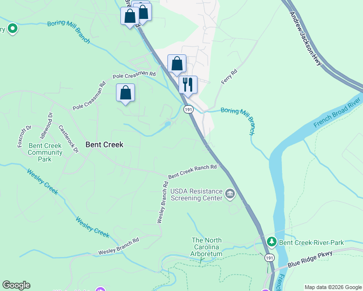 map of restaurants, bars, coffee shops, grocery stores, and more near 9 Mcilwain Road in Asheville
