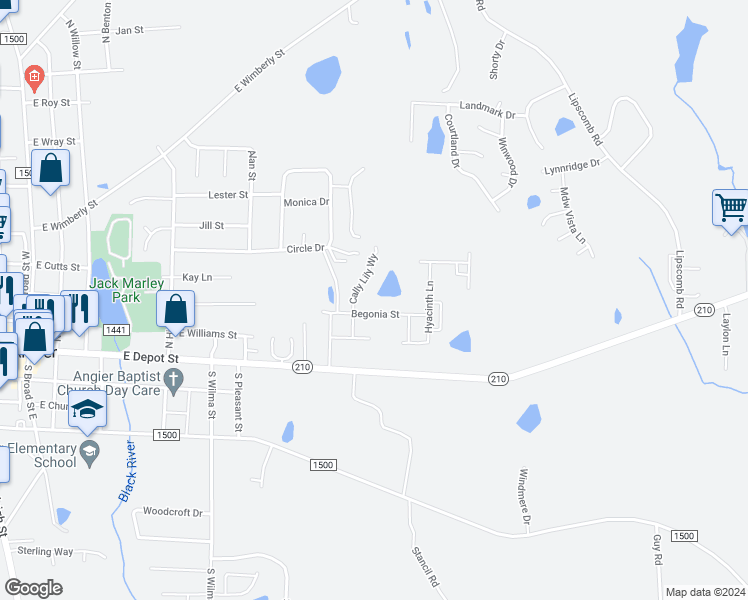 map of restaurants, bars, coffee shops, grocery stores, and more near in Angier