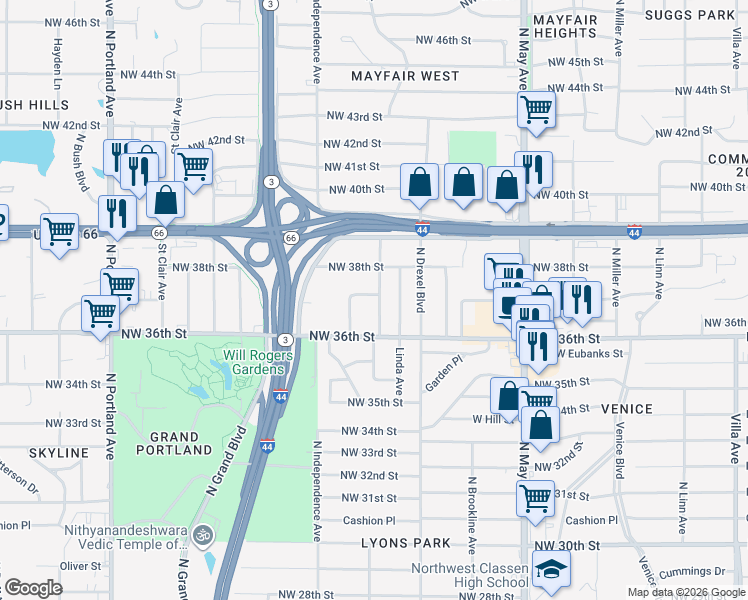 map of restaurants, bars, coffee shops, grocery stores, and more near 3201 Northwest 37th Street in Oklahoma City