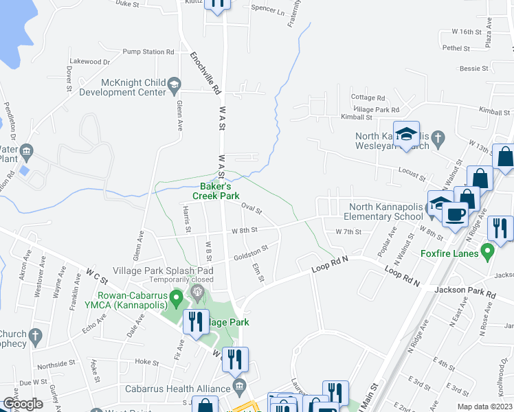 map of restaurants, bars, coffee shops, grocery stores, and more near 812 Oval Street in Kannapolis