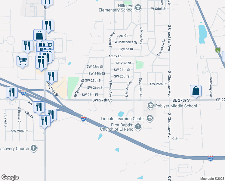map of restaurants, bars, coffee shops, grocery stores, and more near 2504 South Reno Avenue in El Reno