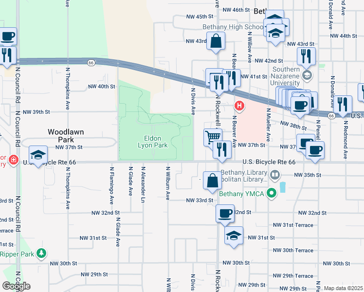 map of restaurants, bars, coffee shops, grocery stores, and more near 3815 North Divis Avenue in Bethany
