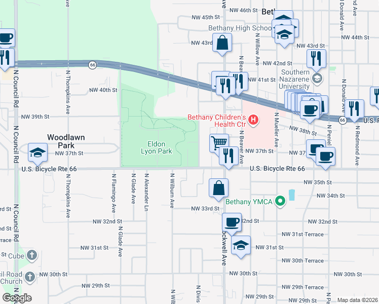 map of restaurants, bars, coffee shops, grocery stores, and more near 3815 North Divis Avenue in Bethany