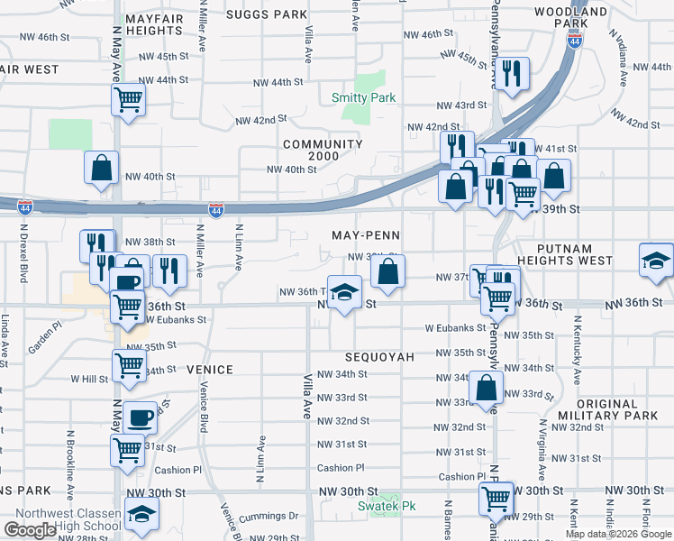 map of restaurants, bars, coffee shops, grocery stores, and more near 2421 Northwest 38th Street in Oklahoma City