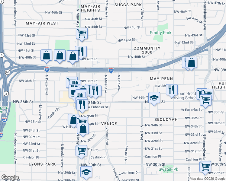map of restaurants, bars, coffee shops, grocery stores, and more near 2601 Northwest 37th Street in Oklahoma City