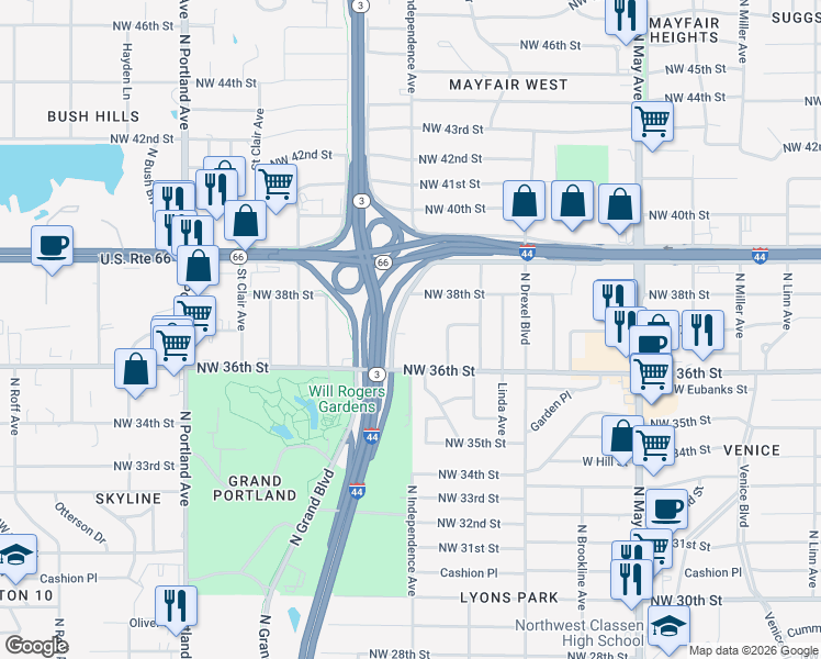 map of restaurants, bars, coffee shops, grocery stores, and more near 3800 West I 44 Service Road in Oklahoma City