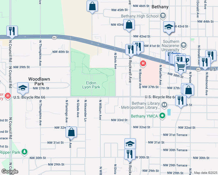 map of restaurants, bars, coffee shops, grocery stores, and more near 3815 North Divis Avenue in Bethany