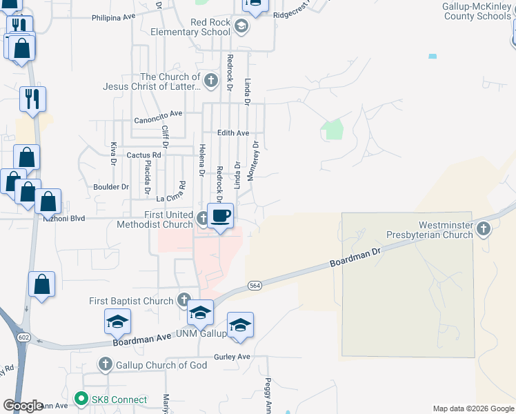 map of restaurants, bars, coffee shops, grocery stores, and more near 999 Monterey Court in Gallup