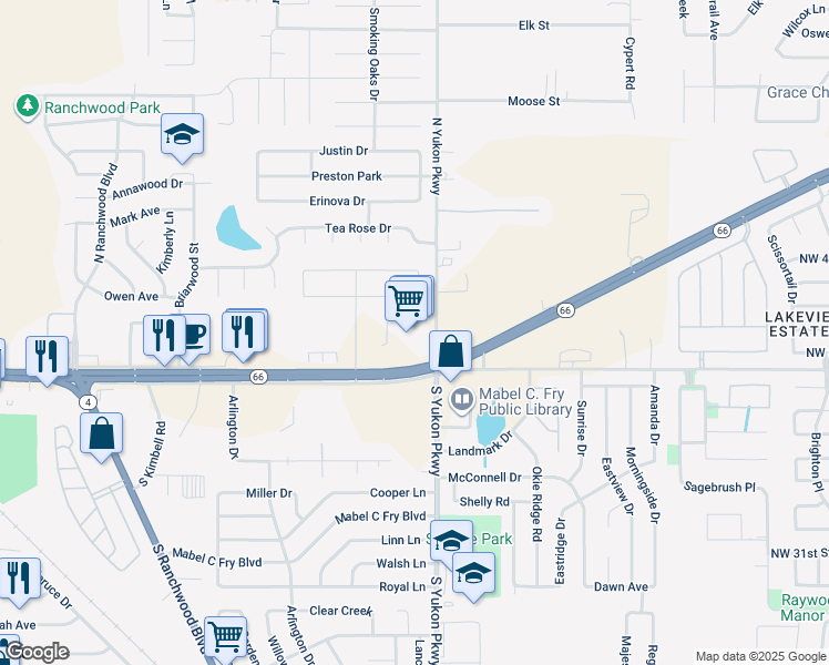 map of restaurants, bars, coffee shops, grocery stores, and more near 3807 North Yukon Parkway in Yukon
