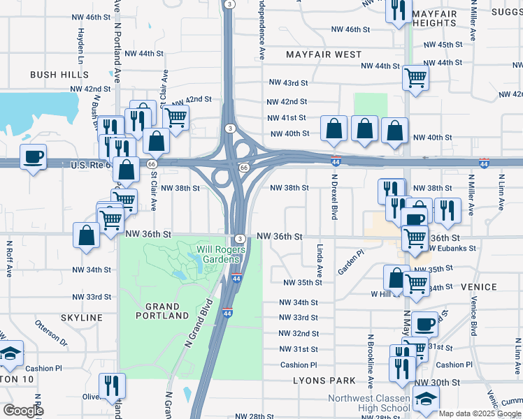 map of restaurants, bars, coffee shops, grocery stores, and more near 3800 West I 44 Service Road in Oklahoma City
