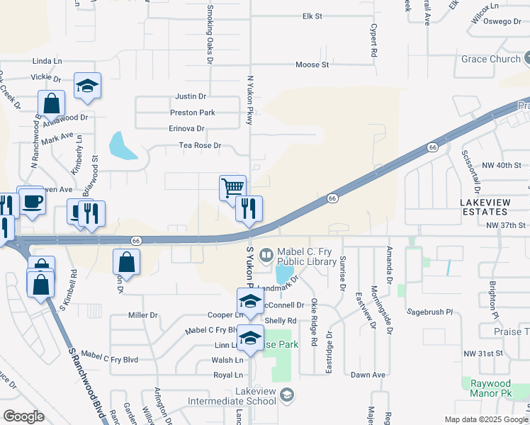 map of restaurants, bars, coffee shops, grocery stores, and more near 1101 East Main Street in Yukon