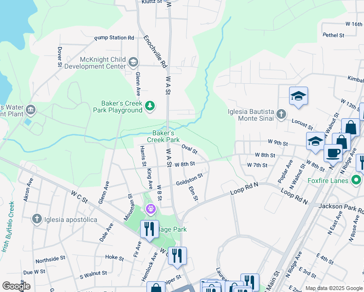map of restaurants, bars, coffee shops, grocery stores, and more near Oval Street in Kannapolis