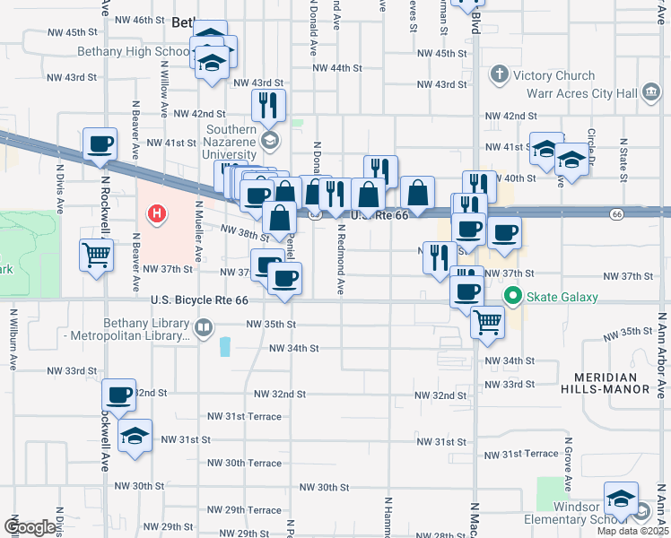 map of restaurants, bars, coffee shops, grocery stores, and more near 3812 North Donald Avenue in Bethany
