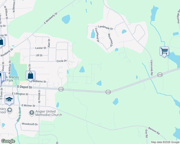 map of restaurants, bars, coffee shops, grocery stores, and more near 170 Cally Lily Way in Angier