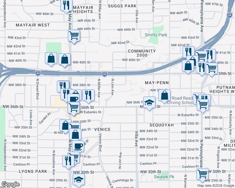 map of restaurants, bars, coffee shops, grocery stores, and more near 2509 Northwest 37th Street in Oklahoma City