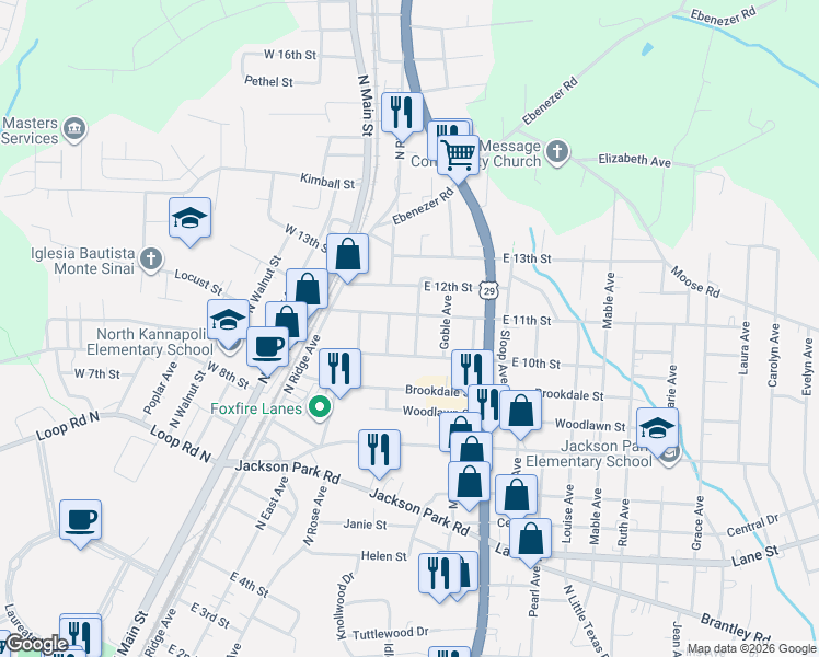 map of restaurants, bars, coffee shops, grocery stores, and more near 500 East 11th Street in Kannapolis