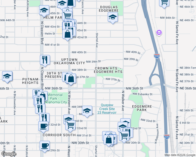 map of restaurants, bars, coffee shops, grocery stores, and more near 801 Northwest 37th Street in Oklahoma City