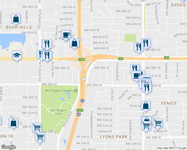 map of restaurants, bars, coffee shops, grocery stores, and more near 4221 Northwest 37th Street in Oklahoma City