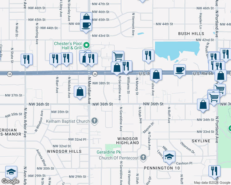 map of restaurants, bars, coffee shops, grocery stores, and more near 3815 North Geraldine Avenue in Oklahoma City