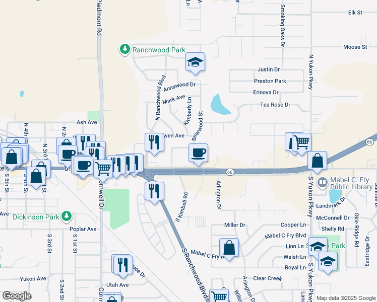 map of restaurants, bars, coffee shops, grocery stores, and more near 100 North Kimbell Road in Yukon