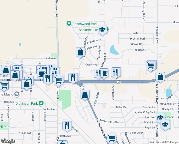map of restaurants, bars, coffee shops, grocery stores, and more near 410 Owen Avenue in Yukon