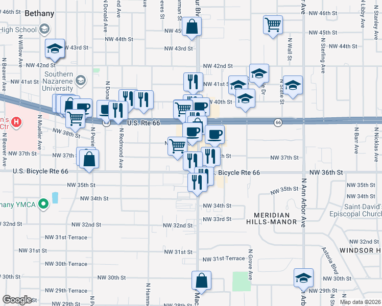 map of restaurants, bars, coffee shops, grocery stores, and more near 5916 Northwest 38th Street in Oklahoma City