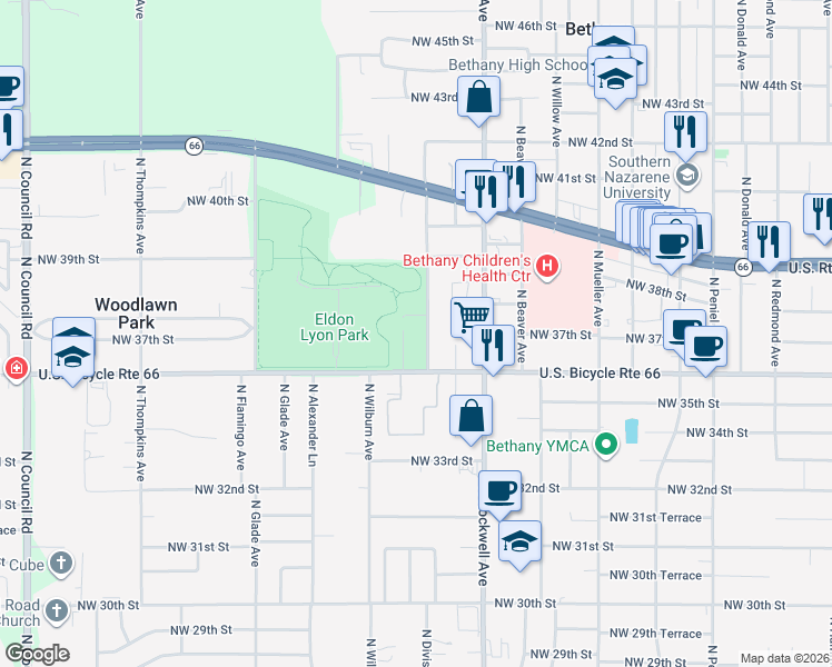 map of restaurants, bars, coffee shops, grocery stores, and more near 3815 North Divis Avenue in Bethany