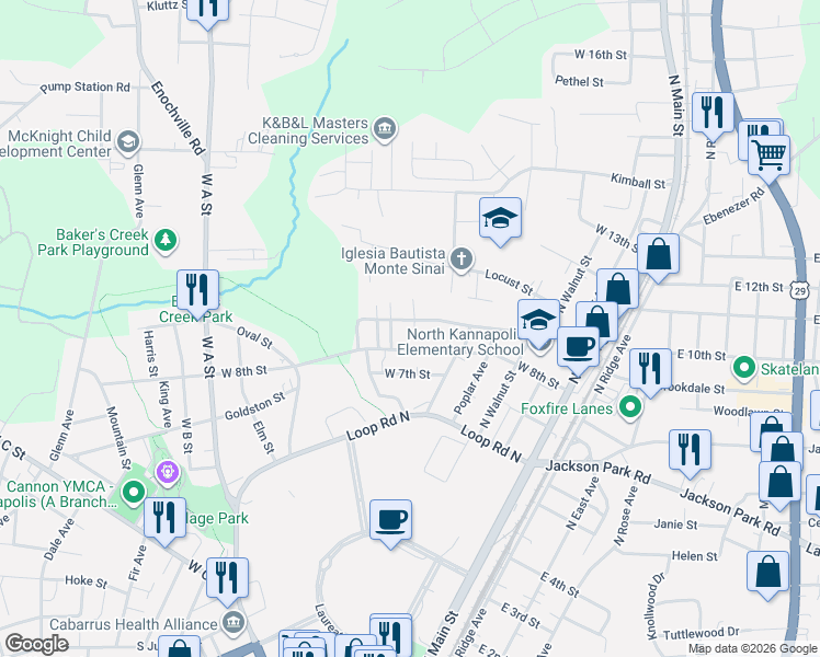 map of restaurants, bars, coffee shops, grocery stores, and more near 807 Keller Avenue in Kannapolis