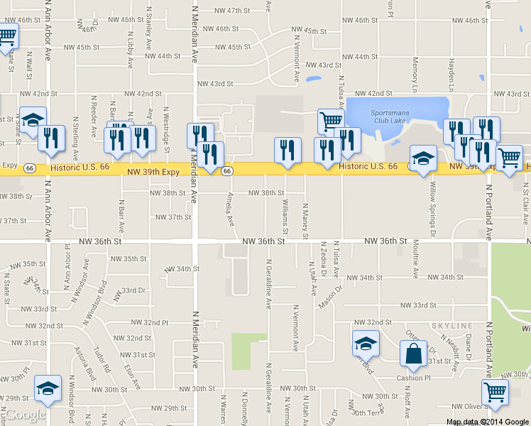 map of restaurants, bars, coffee shops, grocery stores, and more near 3815 North Geraldine Avenue in Oklahoma City