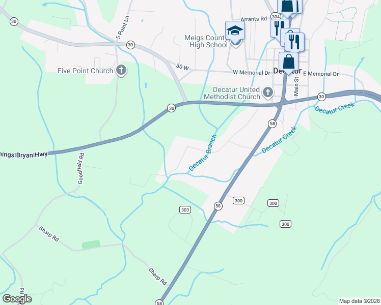 map of restaurants, bars, coffee shops, grocery stores, and more near 355 Church Street in Decatur