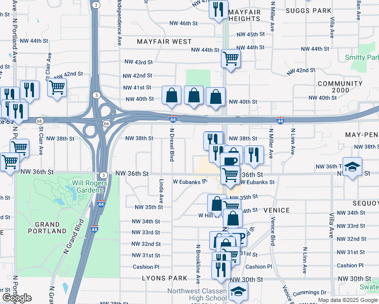 map of restaurants, bars, coffee shops, grocery stores, and more near 3800 North Hartford Street in Oklahoma City