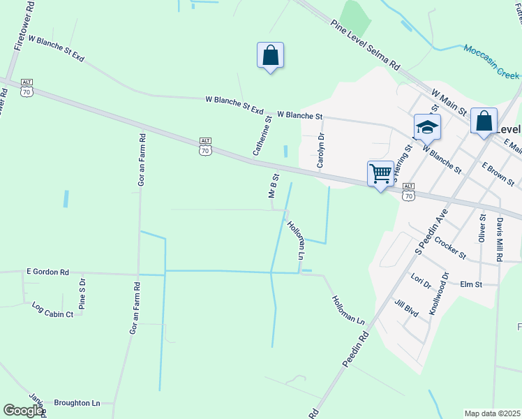 map of restaurants, bars, coffee shops, grocery stores, and more near Holloman Lane in Selma