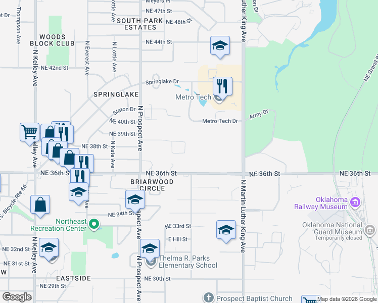 map of restaurants, bars, coffee shops, grocery stores, and more near 1616 Northeast 39th Street in Oklahoma City
