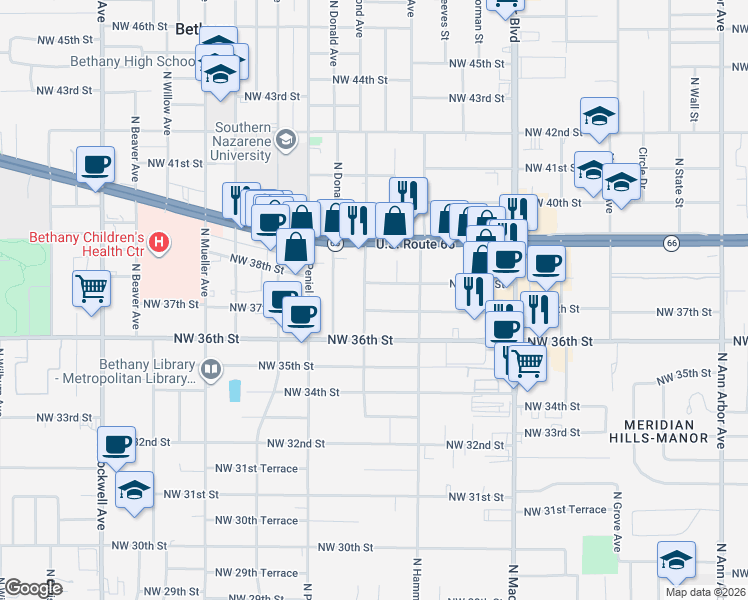 map of restaurants, bars, coffee shops, grocery stores, and more near 6304 Northwest 38th Street in Bethany