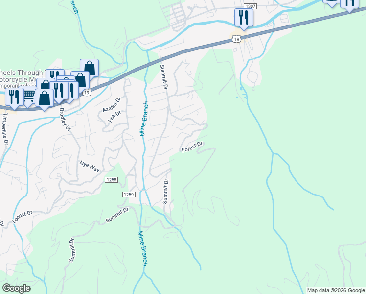 map of restaurants, bars, coffee shops, grocery stores, and more near 414 Forest Drive in Maggie Valley