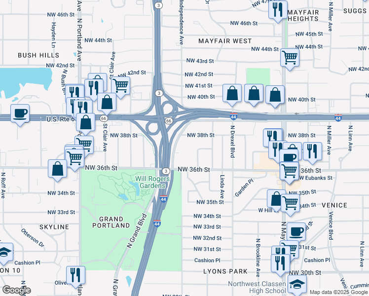 map of restaurants, bars, coffee shops, grocery stores, and more near 3800 West I 44 Service Road in Oklahoma City