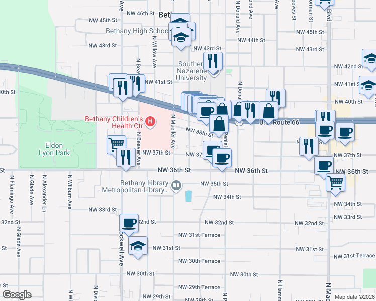 map of restaurants, bars, coffee shops, grocery stores, and more near 3804 Central in Bethany