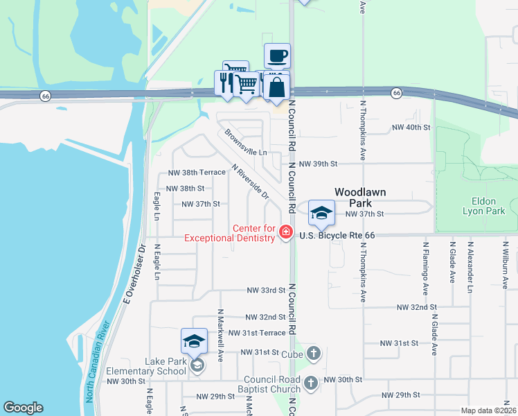 map of restaurants, bars, coffee shops, grocery stores, and more near in Bethany