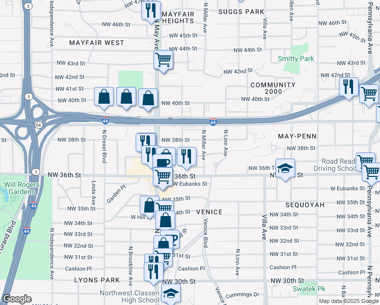 map of restaurants, bars, coffee shops, grocery stores, and more near 2725 Northwest 37th Street in Oklahoma City