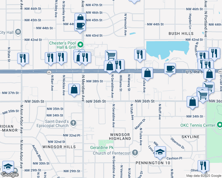 map of restaurants, bars, coffee shops, grocery stores, and more near 3807 North Geraldine Avenue in Oklahoma City