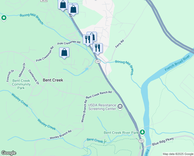 map of restaurants, bars, coffee shops, grocery stores, and more near 9 Mcilwain Road in Asheville