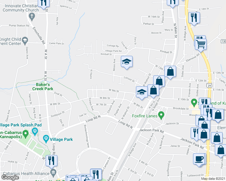 map of restaurants, bars, coffee shops, grocery stores, and more near 505 West 9th Street in Kannapolis