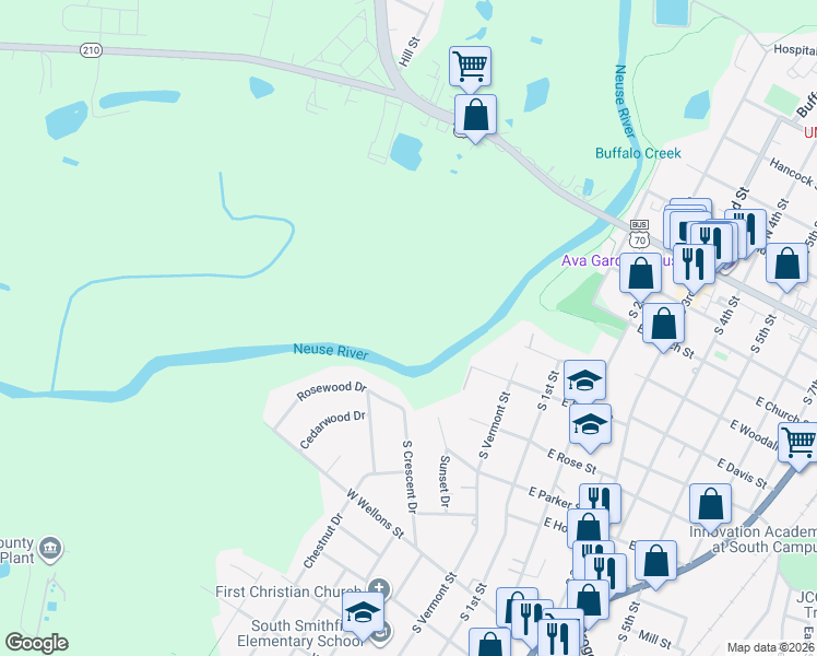 map of restaurants, bars, coffee shops, grocery stores, and more near in Smithfield