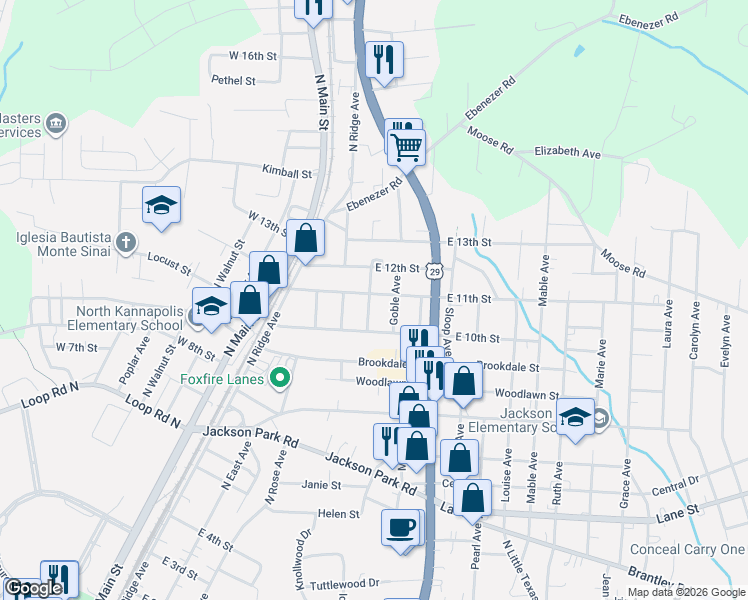 map of restaurants, bars, coffee shops, grocery stores, and more near 500 East 11th Street in Kannapolis