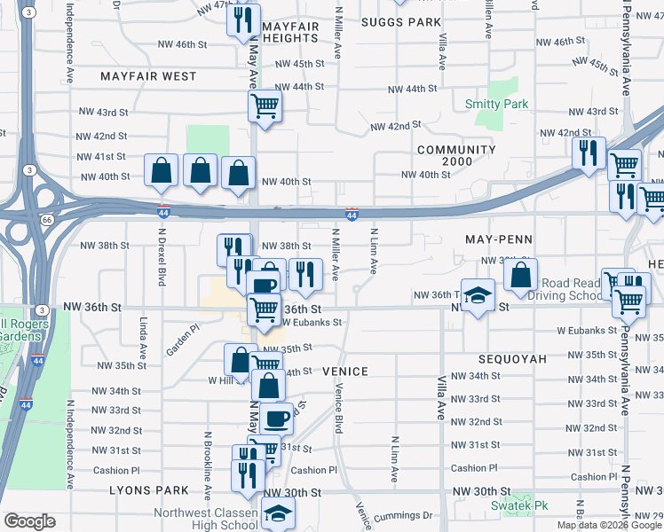 map of restaurants, bars, coffee shops, grocery stores, and more near 2629 Northwest 37th Street in Oklahoma City