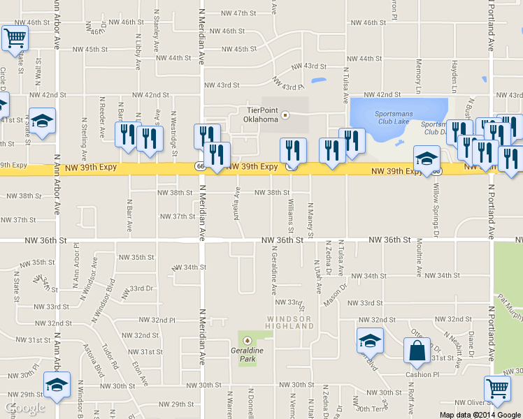 map of restaurants, bars, coffee shops, grocery stores, and more near 3815 North Geraldine Avenue in Oklahoma City