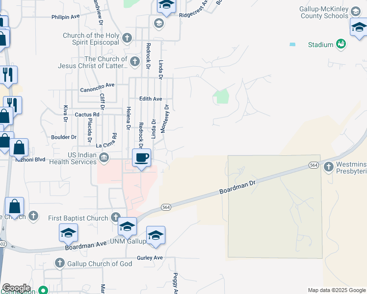 map of restaurants, bars, coffee shops, grocery stores, and more near 1818 Monterey Court in Gallup