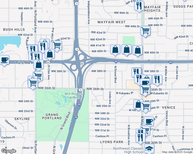 map of restaurants, bars, coffee shops, grocery stores, and more near 4221 Northwest 37th Street in Oklahoma City